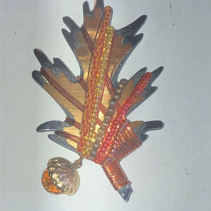Liztech 2005 Beaded Wire Wrapped Leaf Brooch with Acorn Charm
